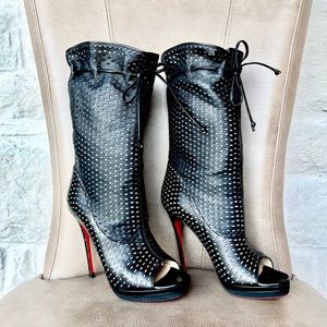 Christian Louboutin Jennifer 120 Black Perforated Slouchy Open Toe Booties 38